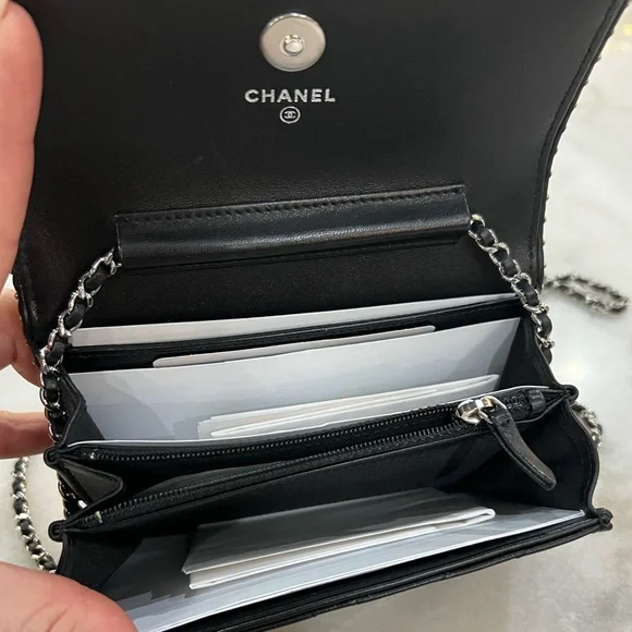 Lambskin Chevron Quilted Studded Clutch with Chain Black - Picture 6 of 6